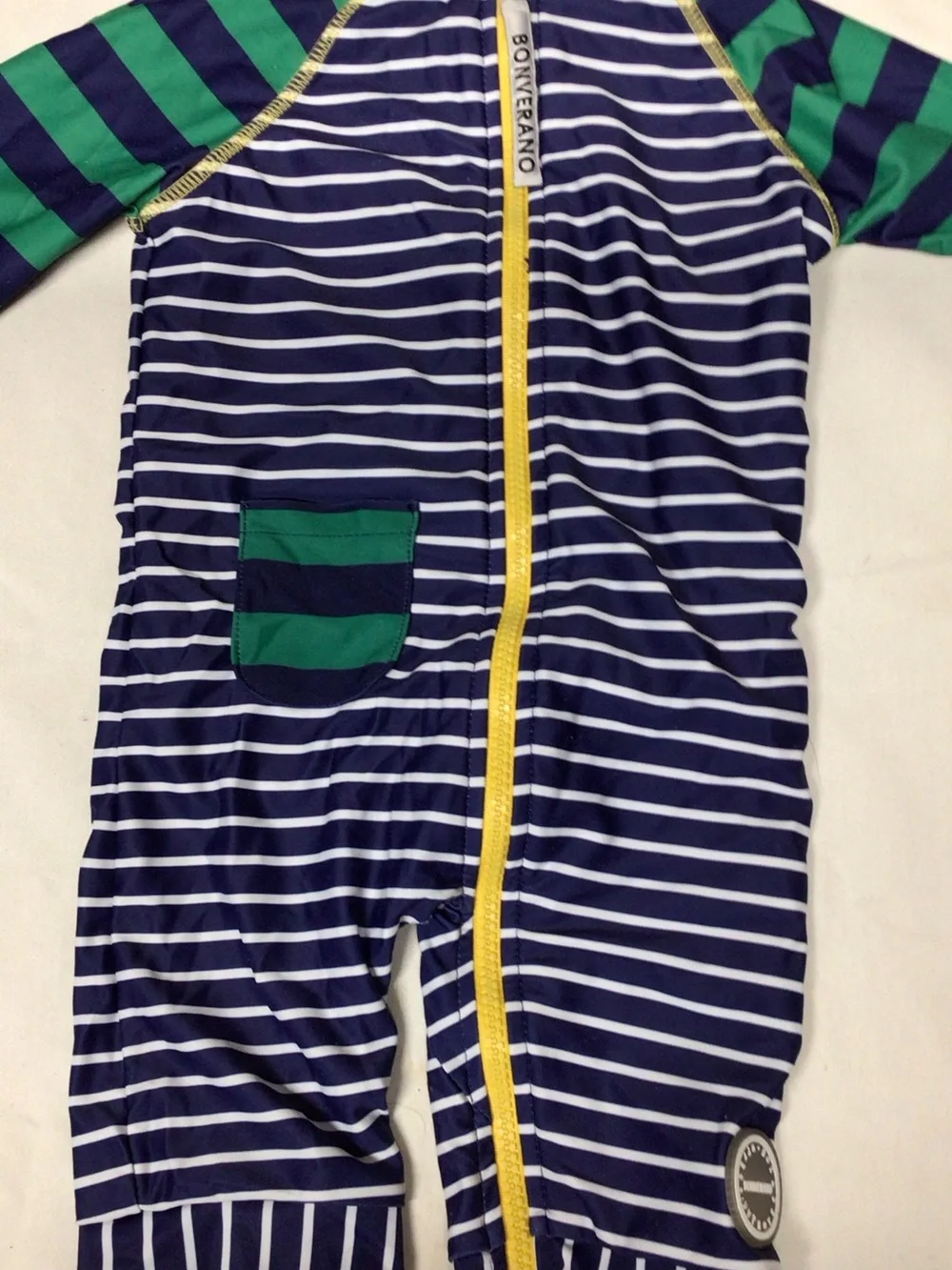 Kids' Navy & White Striped One-Piece with Green Accents.  Wetsuit please read